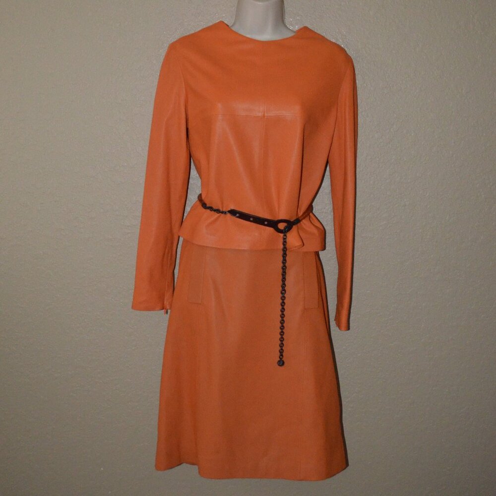 NWT $6580 Sz 38 US 2 Bottega Veneta Orange Leather Top & Skirt & Belt Set Outfit